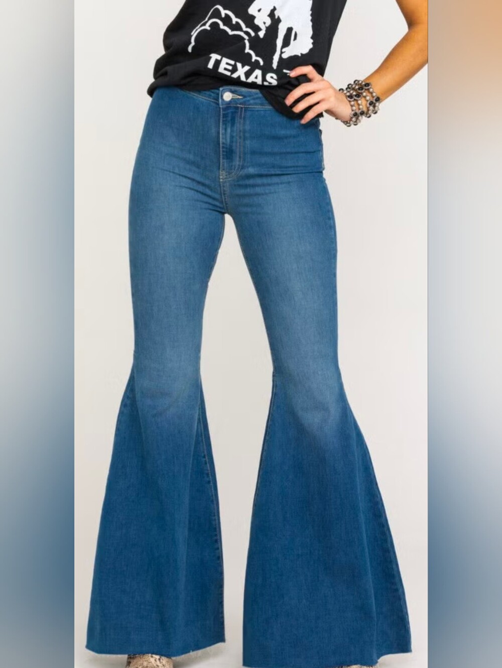 Free People Just Float On Denim Blue Jeans Flare Leg Retro Boho Bell Bottom